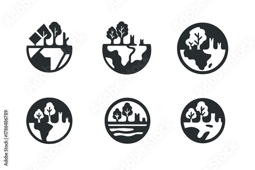 Deforestation Logo Concepts. Deforestation. Set Logo of deforestation: earth with trees disappearing. Icon set. harmonious logo variations of the