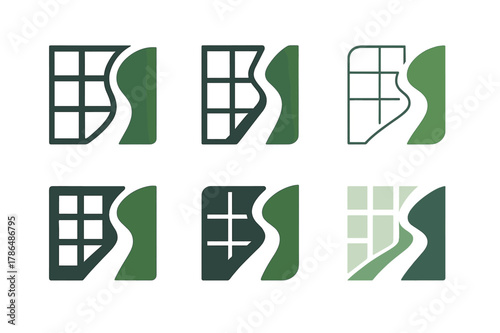 Urban Design Emblem. Barriers and solutions in urban design. Set Logo of Barriers and solutions in urban design: street grid transforming into open green