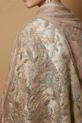 Close up of a floral embroidered shawl draped over a person