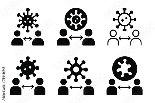 Social Distancing Logos. Social distancing and COVID--related imagery. Set Logo of Social distancing and COVID--related imagery: virus particle. Icon set.