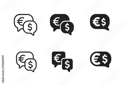 Currency Logo Icons. tariff negotiations. Set Logo of tariff negotiations: two speech bubbles with currency symbols exchanging. Icon set. harmonious logo