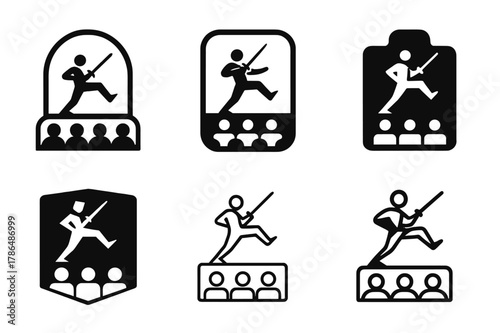 Dramatic Swordfight Logos. An actor performing a dramatic sword fight on stage. Set Logo of An actor performing a dramatic sword fight on stage: audience