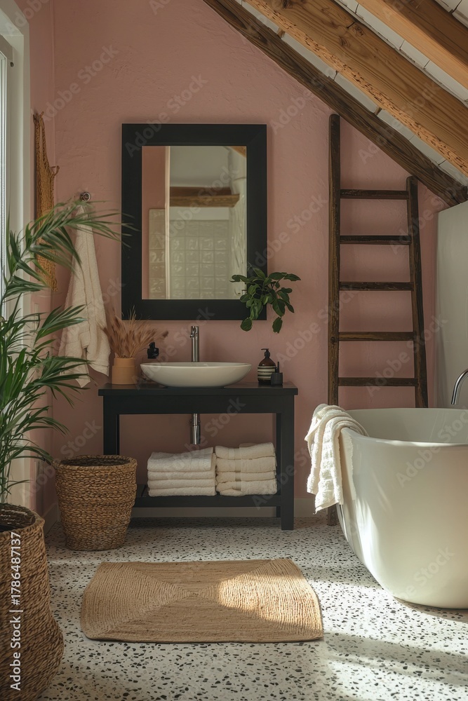 Fototapeta premium Elegant bathroom interior with terrazzo tiles, pink accent wall and modern decor creating a calming and stylish retreat