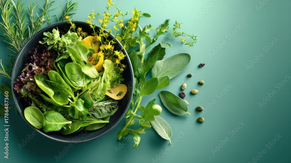 Obraz premium Fresh and Vibrant Salad Bowl Filled With Assorted Leafy Greens and Herbs on a Minimalistic Background
