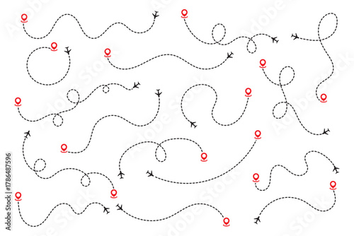 Iconic airplane routes show destination pins and dashed flight paths for travel planning