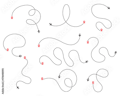 Airplane routes set, Plane route line, Planes dotted flight pathway, Plane paths. Aircraft tracking, planes, travel map pins location pins. Vector illustration on white background