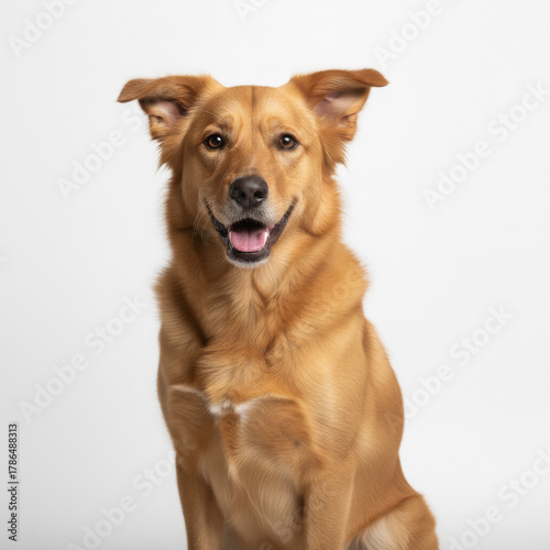 A happy caramel-colored dog isolated on a white studio background - Um cão caramelo feliz isolado no fundo branco de estúdio