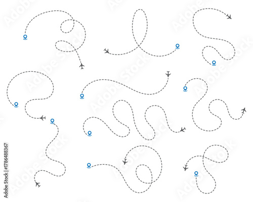 Airplane routes set, Plane route line, Planes dotted flight pathway, Plane paths. Aircraft tracking, planes, travel map pins location pins. Vector illustration on white background