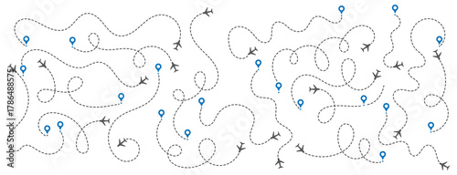 Airplane silhouette vector set with flying paths and travel route lines. Includes dashed trails, location markers, and different aircraft icons. Perfect for travel, aviation, and flight-related design