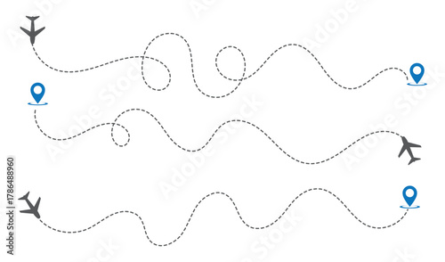 Airplane routes set. Plane route line. Planes dotted flight pathway. Aircraft tracking, planes, travel, map pins, location pins.