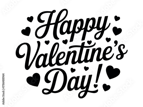 Happy Valentine's Day graphic with hearts and flourish.