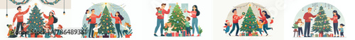 vector family decorating christmas tree together