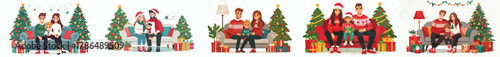 vector family sitting together on the sofa celebrating Christmas
