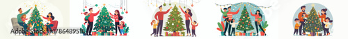 vector family decorating christmas tree together
