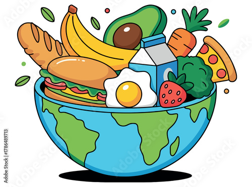 A diverse collection of healthy foods is presented overflowing from a representation of the Earth.