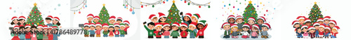 vector of children taking photos together at the Christmas tree