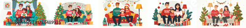 vector family sitting together on the sofa celebrating Christmas
