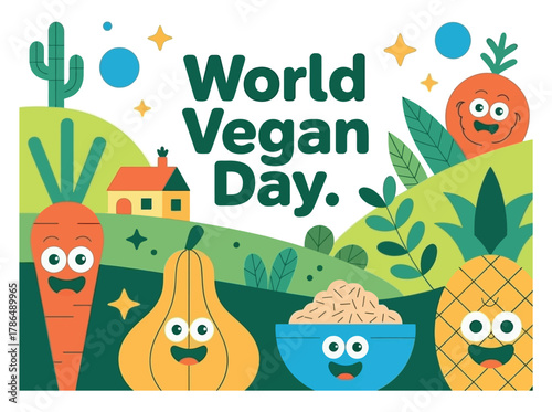 World Vegan Day celebration features smiling fruits and vegetables in a whimsical landscape.