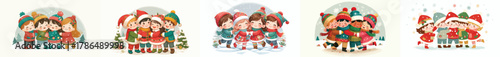 vector of children hugging together on Christmas day