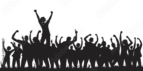 jubilant crowd silhouette against white silhouette isolated on white background.