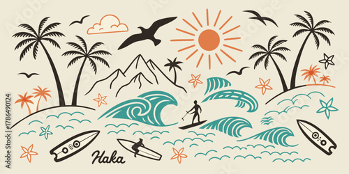 a vibrant, hand-drawn illustration depicting a lively beach scene with surfers illustration design.