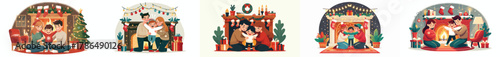 vector of a family hugging warmly near the fireplace on Christmas Eve