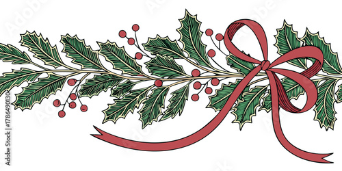 a festive holly garland with red berries and a red bow isolated on white background.