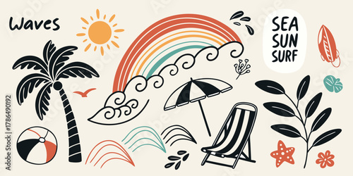 a colorful collection of hand-drawn beach and summer themed doodle elements