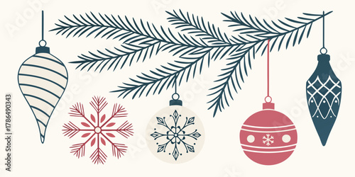 elegant christmas ornaments illustration evergreen branches navy pink minimalist winter holiday decoration sketch line art design