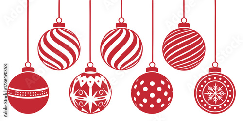red white christmas ornament balls collection hanging baubles decorative patterns stripes polka dots snowflakes holiday illustration design