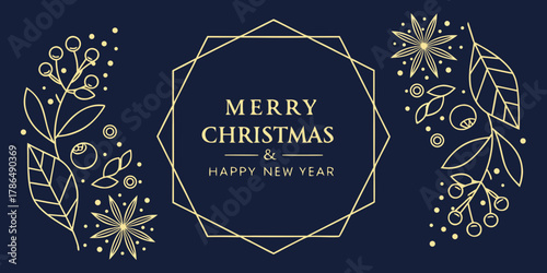 elegant navy blue gold christmas greeting card design luxury botanical frame holiday winter festive minimal modern illustration