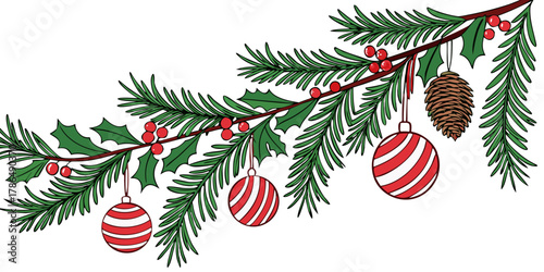 christmas pine branch with red white striped ornaments baubles pine cones holiday decoration evergreen festive illustration design