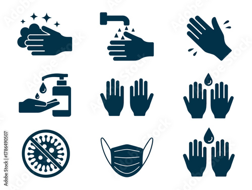 A collection of icons illustrates hygiene practices and protection against viruses.
