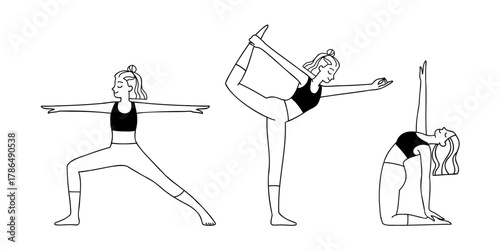 Line art drawing set of women with wavy hair practicing yoga, stretching in different poses. Vector illustration of female characters in asana. Warrior pose, Dancer pose, Camel pose. 