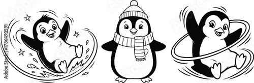 Delightful penguin trio sliding, spinning, and bundled in winter gear brings a touch of playful charm to children's books and adorable holiday designs