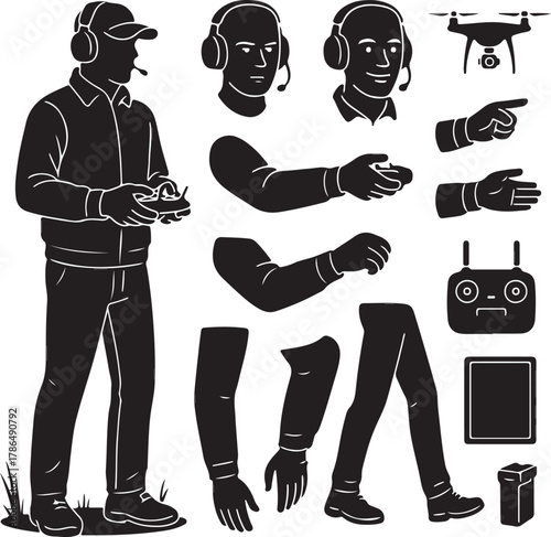 Drone operator silhouette with remote control, drone, head, arm, hand, and leg parts for customizable character creation. ideal for technical manuals and infographic designs.