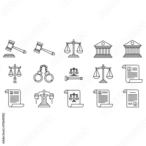 Legal Icons - Gavel, Scales, Handcuffs, Court Building, and Documents.