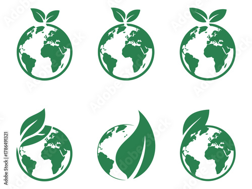 Set of stylized green earth icons with leaves, representing environmental concepts.