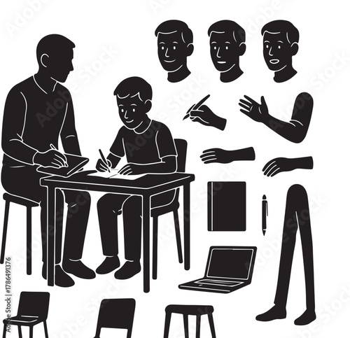 Silhouette illustration of a teacher guiding a student at a desk with separate elements of heads hands arms legs and school supplies for creative design