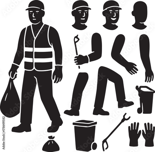 Silhouette of a sanitation worker with reflective vest and garbage bag along with separate body parts and tools for animation or illustration