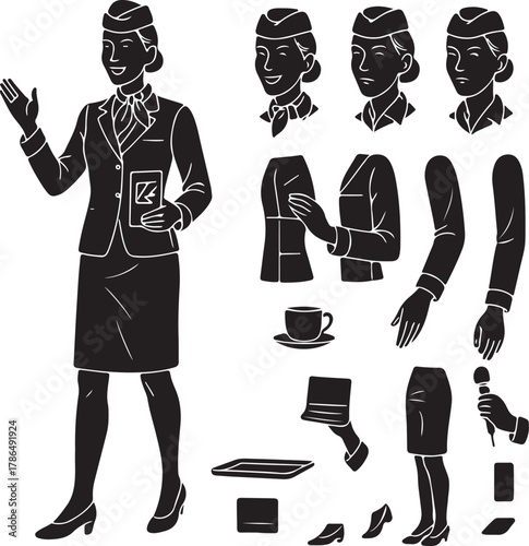 Full body silhouette of a professional businesswoman in a suit with various poses and attire elements for design