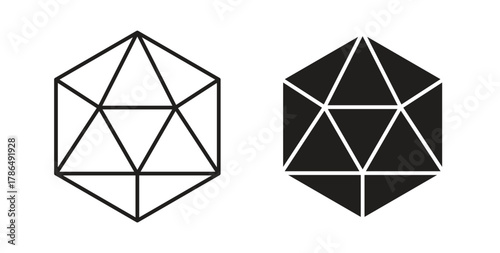 Dice d20 icon with line and silhouette versions.