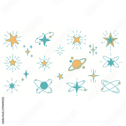 Whimsical Space Elements - Stars, Planets, and Atomic Designs.
