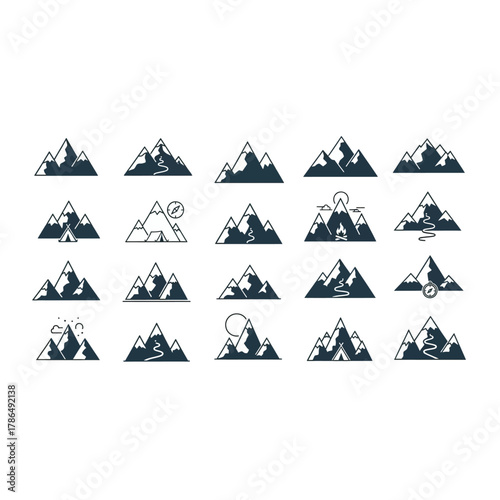 Collection of Mountain Icons for Outdoor Adventure and Travel.