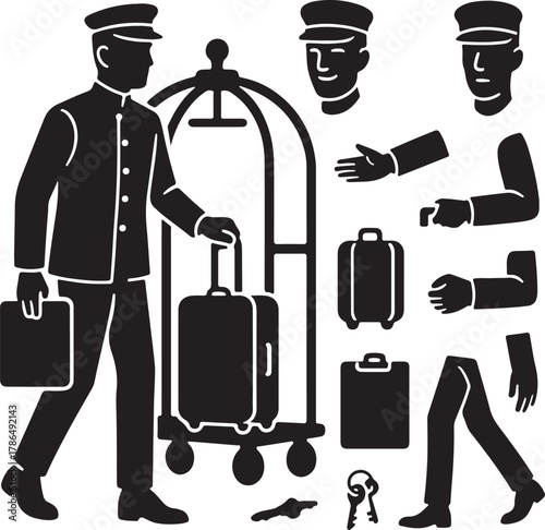 Silhouette of a hotel bellhop or doorman with luggage cart and separate body parts for animation or design purposes
