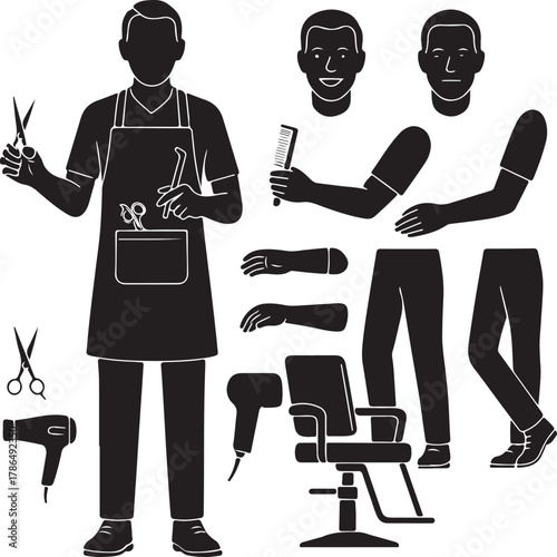 Silhouette illustration of a barber with various tools and body parts for customization including scissors hairdryer and barber chair