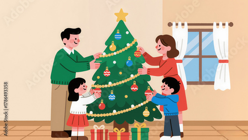Family decorating a Christmas tree at home, soft lighting, joyful mood, flat vector illustration, minimal background