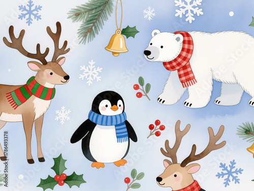 Cute watercolor Christmas animals — reindeer, penguin, polar bear with scarves, winter elements, seamless pattern, no humans