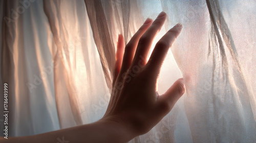 Hand touching sheer curtain...
