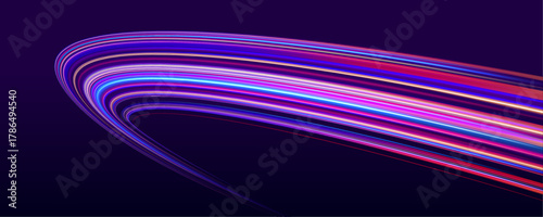 A stream of neon motion glides through a deep purple void. The lines intertwine, glowing with cybernetic power. Energy flows like data through a virtual highway.